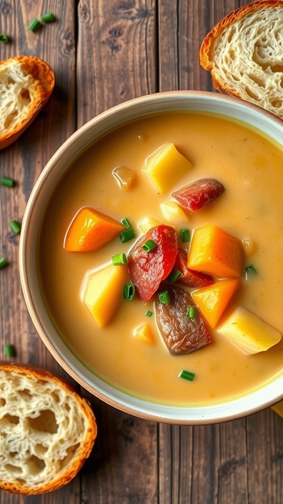 A bowl of creamy three-potato soup with garnished chives, accompanied by crusty bread on a rustic table.